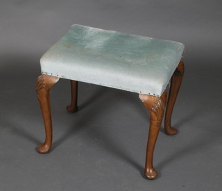 A Queen Anne style rectangular walnut dressing table stool on cabriole supports 18 1/2"h x 20"w x 15"d 