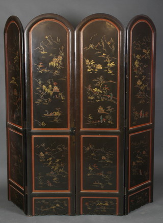A Chinese arched lacquered 4 fold dressing screen decorated figures in landscape 70"h x 67"w 