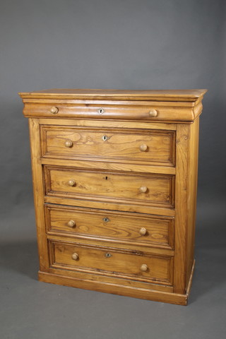 A 19th Century French light elm chest of 5 long drawers with tore handles, raised on a platform base 52"h x 44"w x 21 1/2"d 