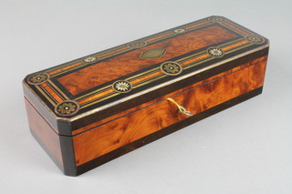A Victorian rectangular figured walnut and brass inlaid trinket box with hinged lid, having a plush fitted interior 2 1/2"h x 11" w x 4"d 