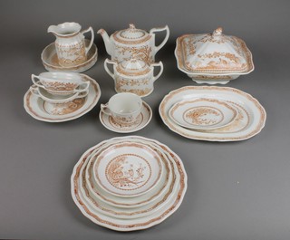 A Furnivals Quail pattern tea, coffee and dinner service comprising 9 coffee cups, 6 saucers, 2 tea cups, 6 saucers, 6 two handled bowls, 5 small sandwich plates, 6 side plates, 7 medium plates, 6 dinner plates, a teapot, milk jug, sugar bowl and lid, 2 tureens and covers, a flan dish, 9 soup bowls, 3 meat plates and 1 stand