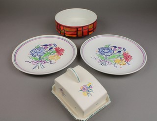 A 1970's Poole deep fruit bowl, the red ground with orange and yellow geometric decoration 8", 2 ditto plates and a cheese dish and cover 