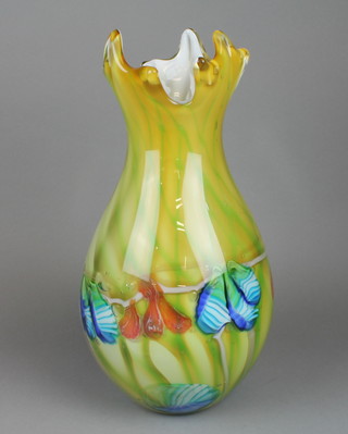 A 1970's Murano style baluster vase with free form neck and stylised floral decoration 15" 