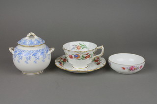 A Royal Crown Derby teacup and saucer, a ditto dish and a Royal Worcester bowl and cover 