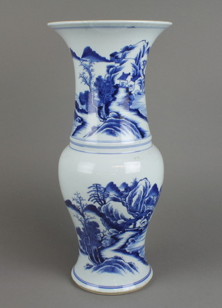 A late  18th early 19th Century Chinese blue and white baluster vase with elongated neck and splayed lip, decorated with extensive landscape scenes and figures in boats 18" 