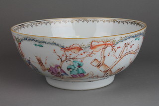 An 18th Century Chinese famille rose export bowl decorated with figures amongst trees and flowers 10" 