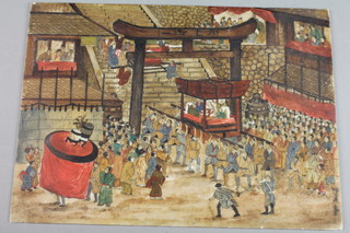 A 19th Century Chinese painted porcelain panel depicting a theatre with figures performing and playing drums 13" x 9" 