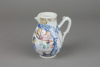 An 18th Century Chinese export baluster cream jug with beak, lip and simple scroll handle, decorated with figures in a pavillion and distant buildings 4 1/2" (f)