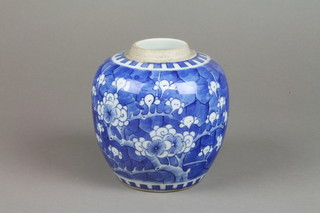 A Chinese blue and white prunus ginger jar with 4 character mark 5" 