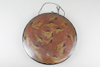 A circular Japanese metal gong decorated storks 11 1/2" 