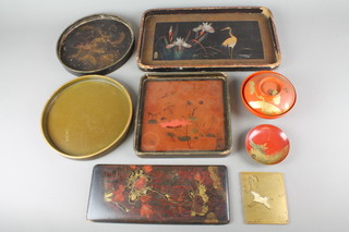 A Chinese rectangular lacquered tray decorated a stork, signed to bottom right hand corner, 15"h x 10"w, 3 other trays - 1 signed and a small collection of other lacquer ware 