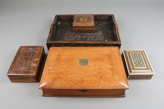 A Moorish style box 5"h x 2"w x 3 1/2"d, a carved wooden tray, 2 other trinket boxes and a Victorian rectangular oak box with hinged lid 