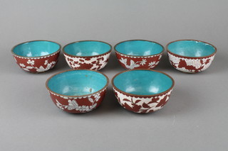 6 Chinese cloisonne enamelled bowls with floral decoration against red and white ground, 4 1/2" 