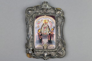A Continental porcelain Icon plaque depicting Virgin Christ and attendant Bishops, contained in an embossed white metal frame 