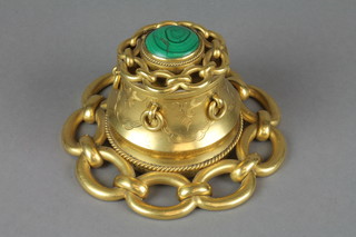 A handsome Victorian gilt ormolu inkwell of tapering form, the centre set a cabouchon cut malachite (f), the interior with porcelain well 5 1/2" 
