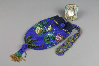 A blue bead work bag, a micro mosaic easel photograph frame 2"
