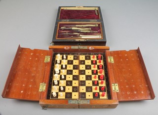 A 19th Century brass geometry set contained in a rosewood box with hinged lid and a mahogany and ivory travelling chess set with red and white carved pieces 