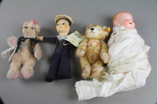 A Steiff bear - Petsy 6", a Nora Wellings style felt sailor doll 8", an Armand Marseille baby porcelain doll with open and shutting eyes and open mouth with 2 teeth, head incised AM German 3-5/2/0XK and a Sarah's of Cambridge Bear  