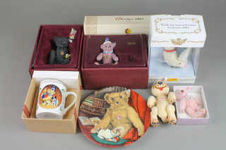 A Steiff Collector's Club 2013 Bear 3", a Steiff North American 2004 Exclusive figure of a bird, a Steiff replica 1904 figure of a sausage dog, ditto Little Bonzo, a Steiff Collector's Club replica 1912 figure of a bear (arm loose) and  1 other 1920, a Steiff Collector's Club mug, all boxed and a Steiff Collector's Club plate