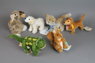 A Steiff figure of a chameleon 13", a Steiff figure of a sausage dog - Bazi 8", ditto polar bear 6", ditto cat 8", squirrel 5 1/2" and a rabbit 6"