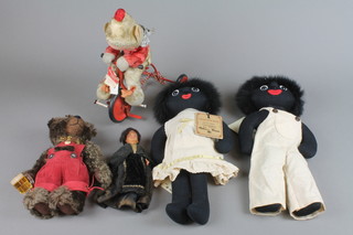 A Robin Rive golly figure - Jessie Jane 14", 1 other Jay Jay 14", a figure of a brown bear with lederhosen and beerstein 9", a costume doll and a figure of a child on a tricycle 