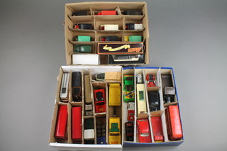 3 boxes containing a collection of toy cars including Matchbox, Lledo etc 