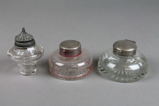 3 circular glass inkwells with plated lids 2", 1" and 3 1/2" 