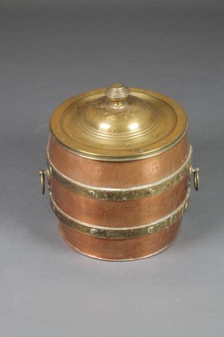 A copper and brass barrel shaped coal bin and lid 12" 