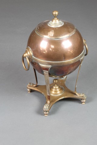 A Regency copper tea urn raised on 4 hoof supports with triform base, bun feet, spigot patched and missing 17" 