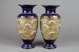 A pair of Doulton Slater oviform vases, the blue ground with a wide gilt band of stylised flower heads 11" 