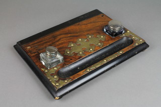A Victorian rectangular walnut and brass mounted standish with pen recess and 2 glass inkwells