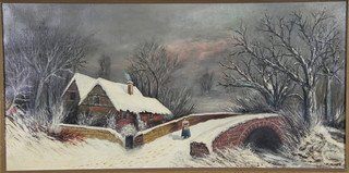 A Victorian oil painting, a naive winter scene with a lady walking across a bridge beside cottages and distant trees, unsigned 11 1/2" x 23 1/2" 