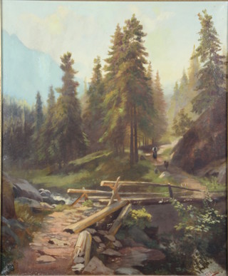 Early 20th Century oil painting. A Continental mountainous woodland path with a figure and goat and distant mountains, signed, 21" x 17 1/2" 
