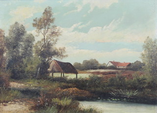 A B, oil painting on canvas, an early 20th Century landscape with pond in distance, farm buildings, monogrammed 15 1/2 x 21 1/2" 