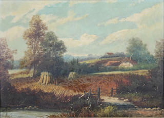 R Percy, oil on canvas, an early 20th Century landscape view with pond, fields and distant farm buildings, signed, 15 1/2" x 21 1/2"  
