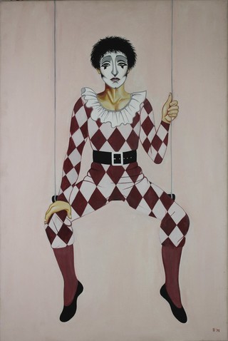 20th Century oil painting on canvas, study of a Pierrot on a swing, monogrammed and dated, unframed 36" x 24" 