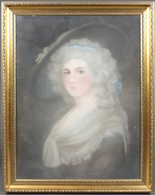 19th Century pastel drawing.  A portrait study of a lady wearing a broad rimmed hat, unsigned 33" x 25"