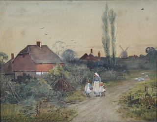 Edwardian watercolour, a study of a lady and 2 children in a country lane with geese, cottages and a distant windmill, unsigned, 10" x 13" 