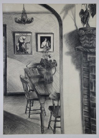 20th Century pencil drawing, an interior scene, monogrammed 27" x 19" 