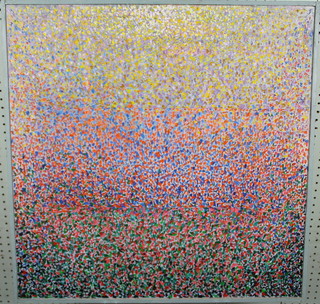 Kenneth Walch, oil, a pointillist style contemporary study "Population Problem in a Square World" unsigned, label on verso, 24" x 24" 