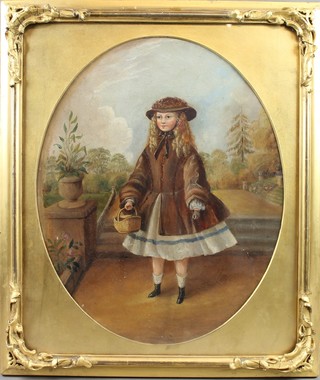 An early 19th Century oil painting.  An oval naive study of a young lady holding a basket on the steps of a country house garden, unsigned, 14 1/2" x 11 1/2" 