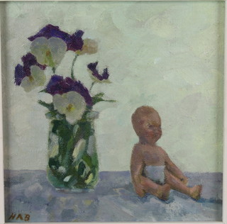 Hilary Bartholomew, oil painting, study of a doll beside a vase of flowers, monogrammed 7" x 7" 