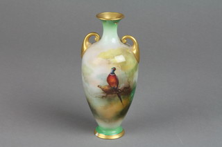A Royal Worcester Hadley Ware 2 handled oviform vase, the green and gilt ground decorated with pheasants on a branch 5" 
