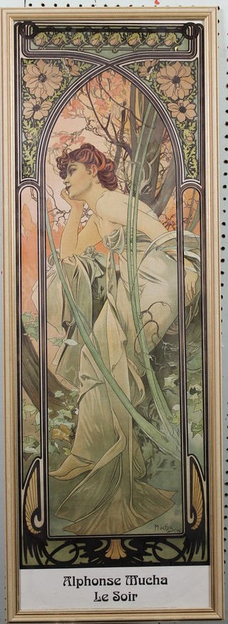 Alphonse Mucha, a set of 4 Art Nouveau style polychrome prints of ladies 35" x 11" 