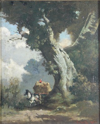 20th Century oil painting on board, an atmospheric study of a hay cart with figures beneath and oak tree, signed 13" x 11" 