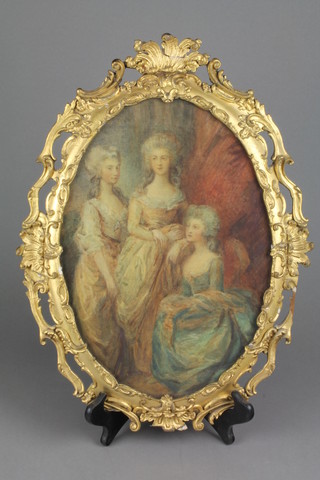 An good 18th Century watercolour, an interior study of 3 ladies in gowns, in a period 18th Century Rococo oval frame, unsigned, 13" x 9" 