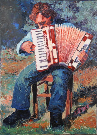 P H Jamin, oil painting, "L'Accordeoniste" a contemporary study of an accordion player, monogrammed, unframed 39" 1/2" x 29" 