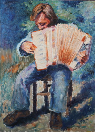 P H Jamin, oil painting, "L'Accordeoniste" a contemporary study of an accordion player, monogrammed, unframed 39 1/2" x 29" 
