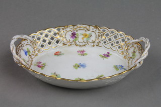 A 19th Century Meissen 2 handled trinket tray with pierced and floral decoration and rope twist handles 6" 