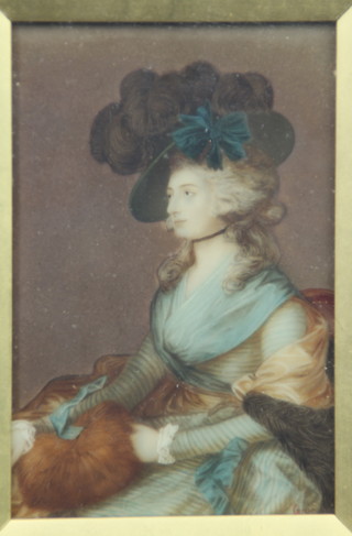 20th Century watercolour, a miniature portrait study of an 18th Century lady in a fancy gilt frame, indistinctly signed 6" x 4" 